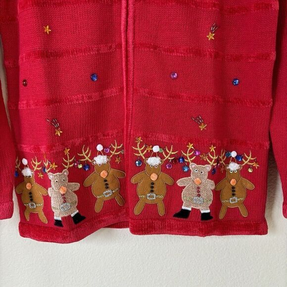 NWT Quacker Factory Red Ramie Christmas Cardigan Velvet Sweater Reindeer Small - Picture 2 of 10